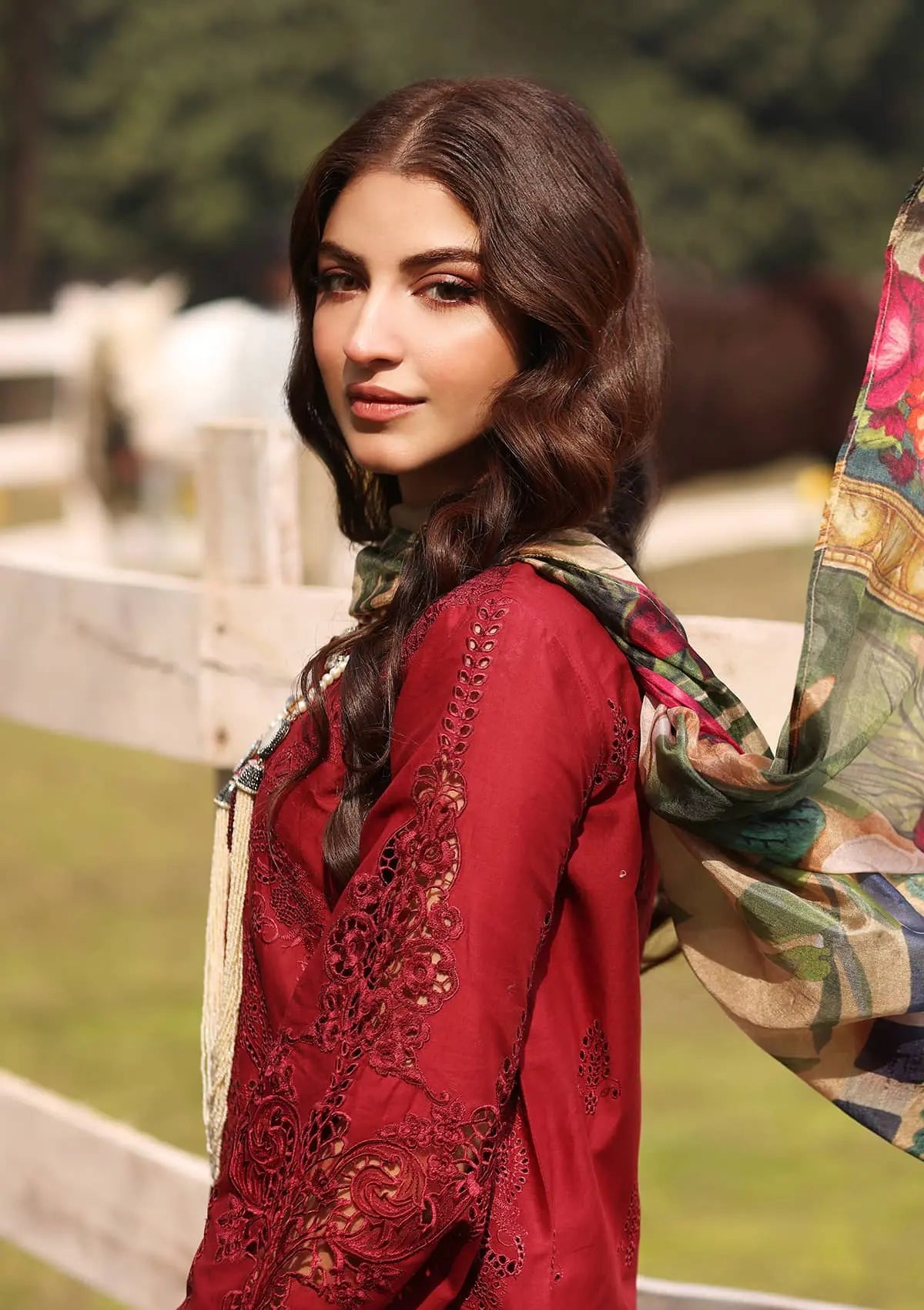 closeup images of Schiffli Lawn Sleeves from KAHF's"Festive Lawn" 2024 Collection.