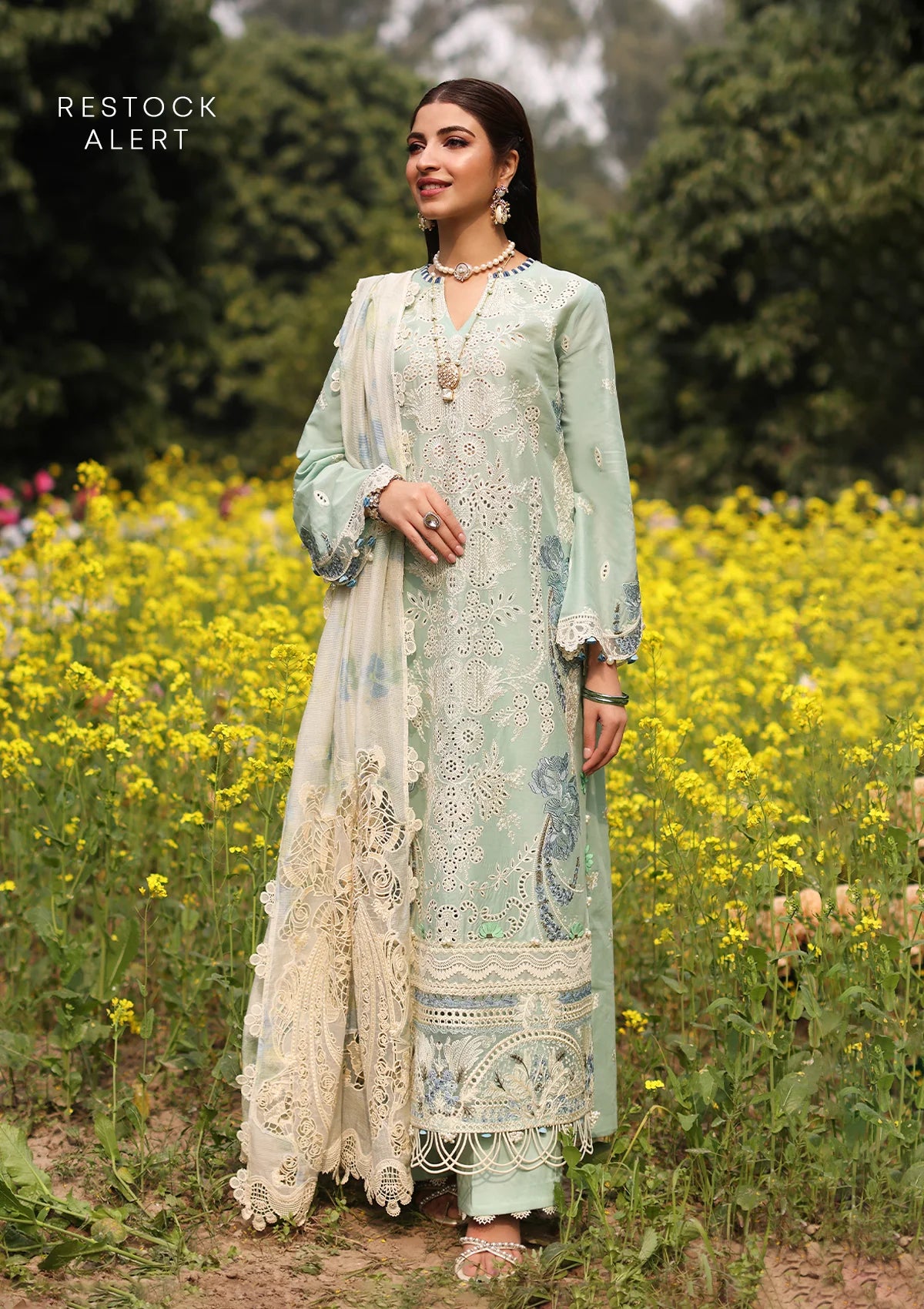 TABIR Embroidered Lawn Front Panel and Digital Printed & Embroidered Cotton Net Patched Dupatta from from KAHF's Festive Lawn Collection 2024.