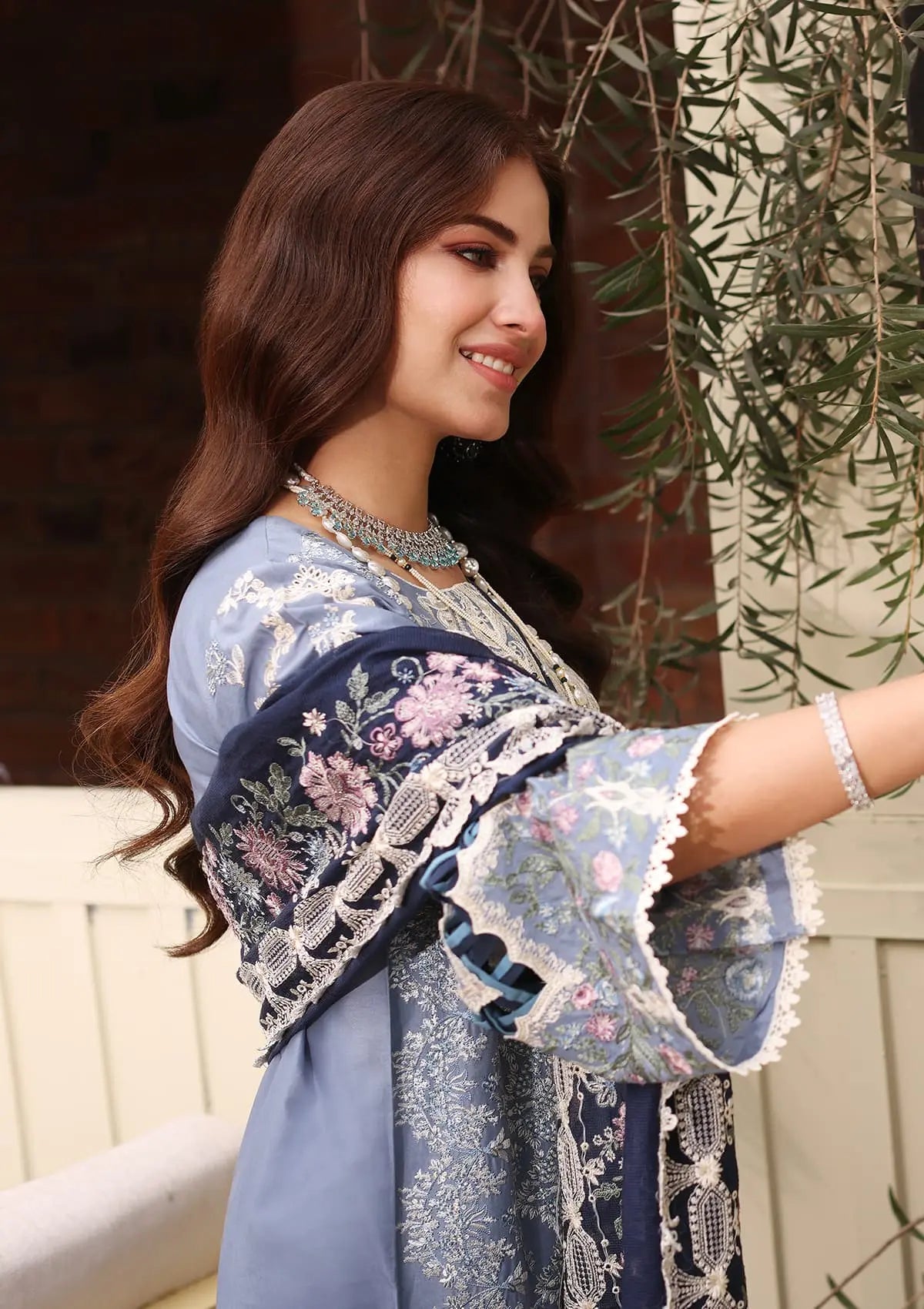 Close up image of KINZA beautifulEmbroidered Organza Sleeves Borderfrom KAHF's "Festive Lawn" 2024 Collection.