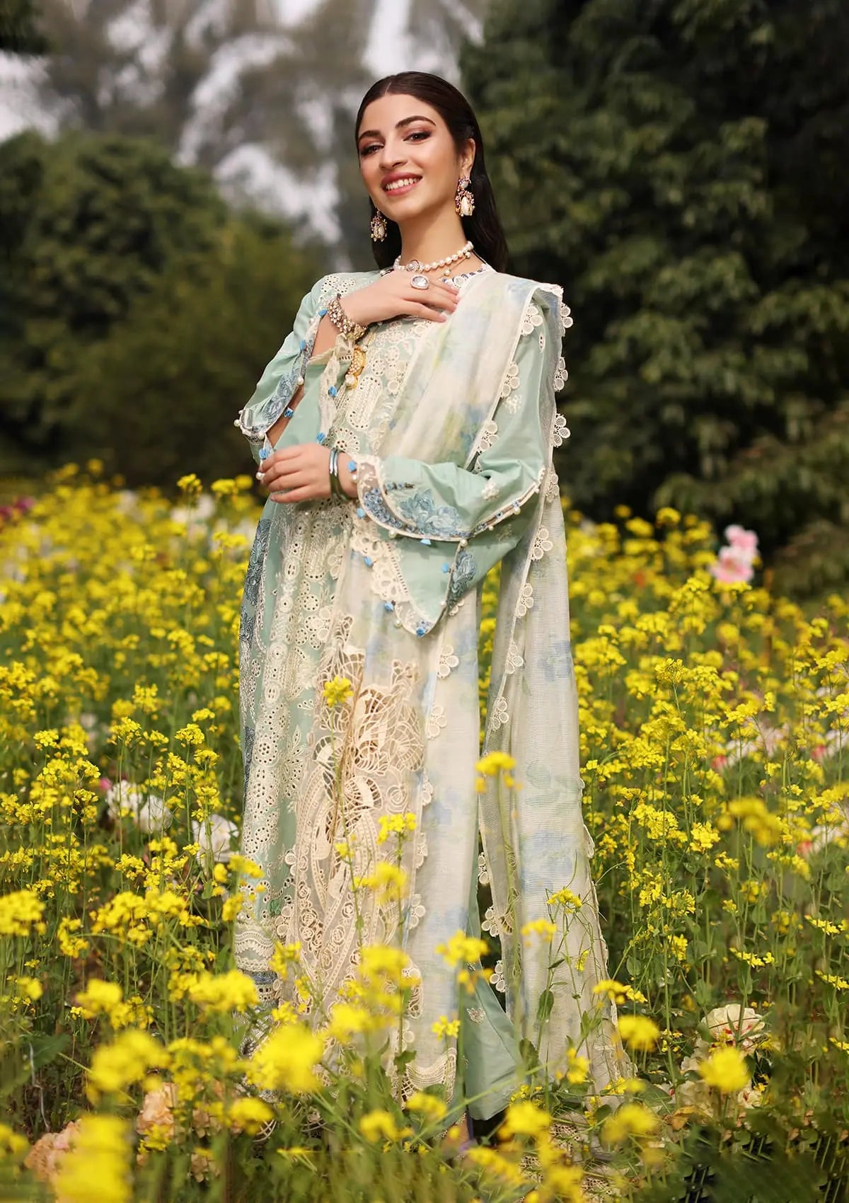 Digital Printed & Embroidered Cotton Net Patched Dupatta from KAHF's "Festive lawn" 2024 Collection.