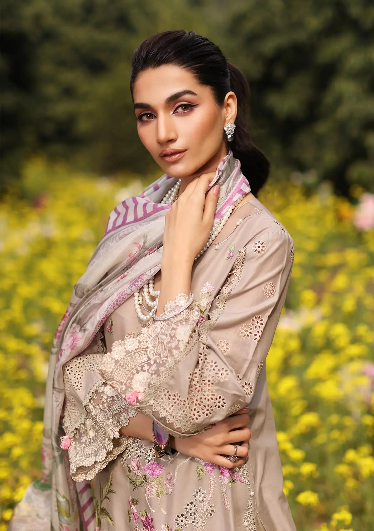 close image of HEER Embroidered Lawn Sleeves from KAHF's Festive Lawn collection 2024.