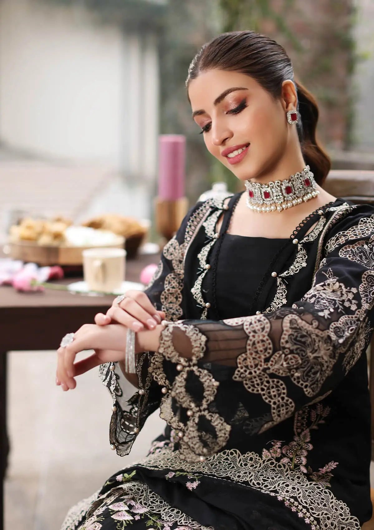 Close up image of NOOR beautiful Embroidered Lawn Sleeves from KAHF's "Festive Lawn" 2024 Collection.