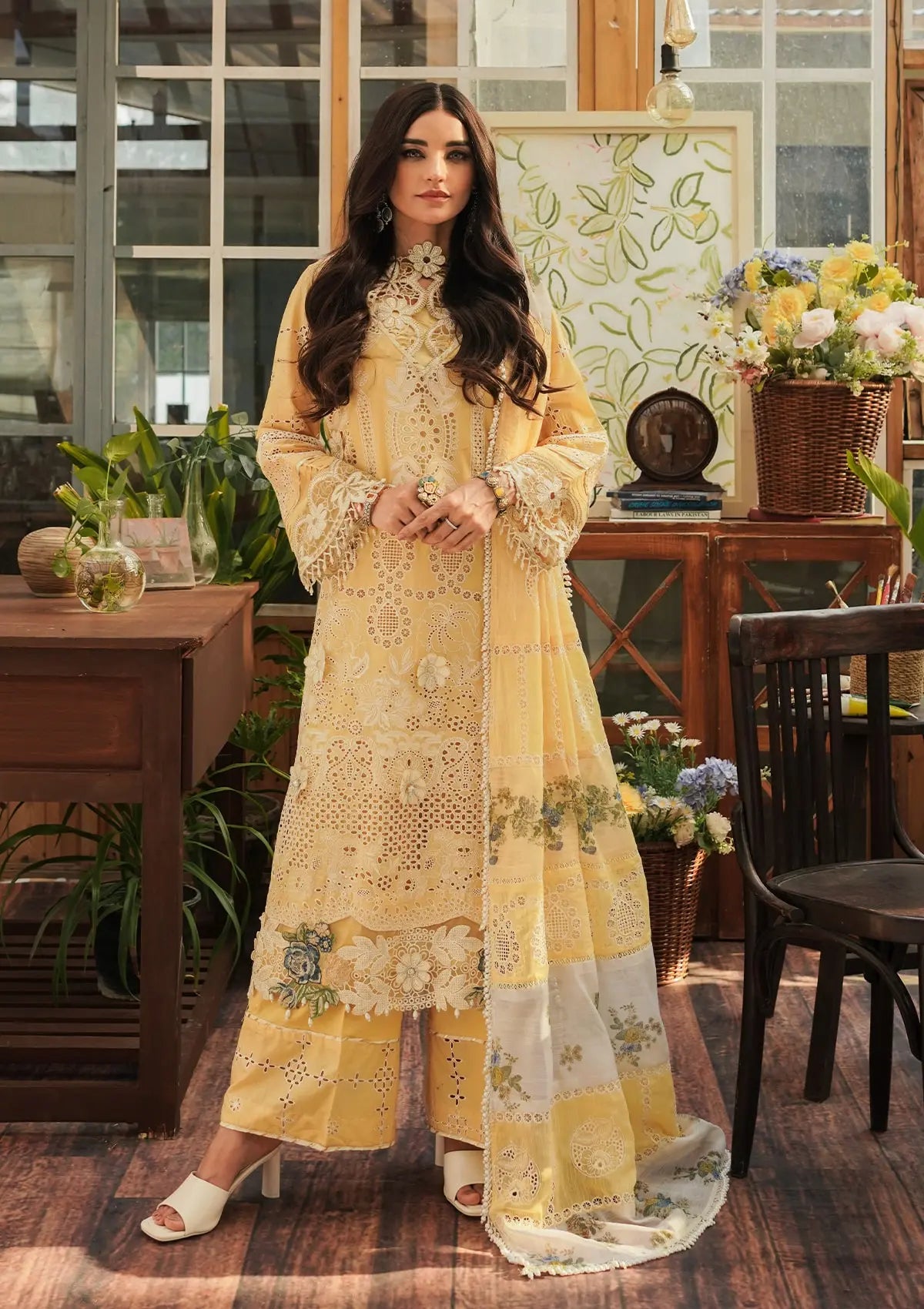 Sun Kissed Schiffli Lawn Front and Sublimation Printed Monark Dupatta from KAHF's LUXURY LAWN Collection 2024.