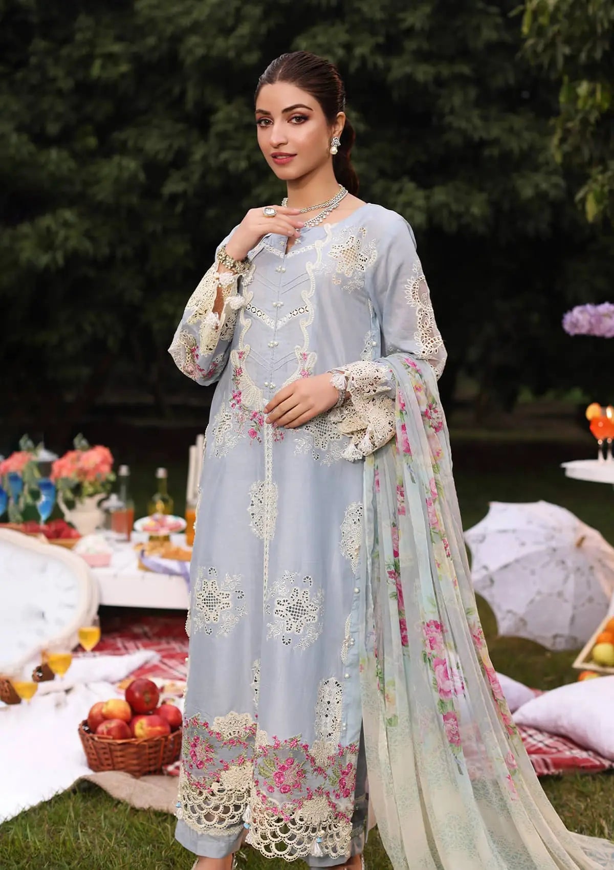 Another front image of beautifull FIRUZE from KAHF's "Festive lawn" 2024 Collection.
