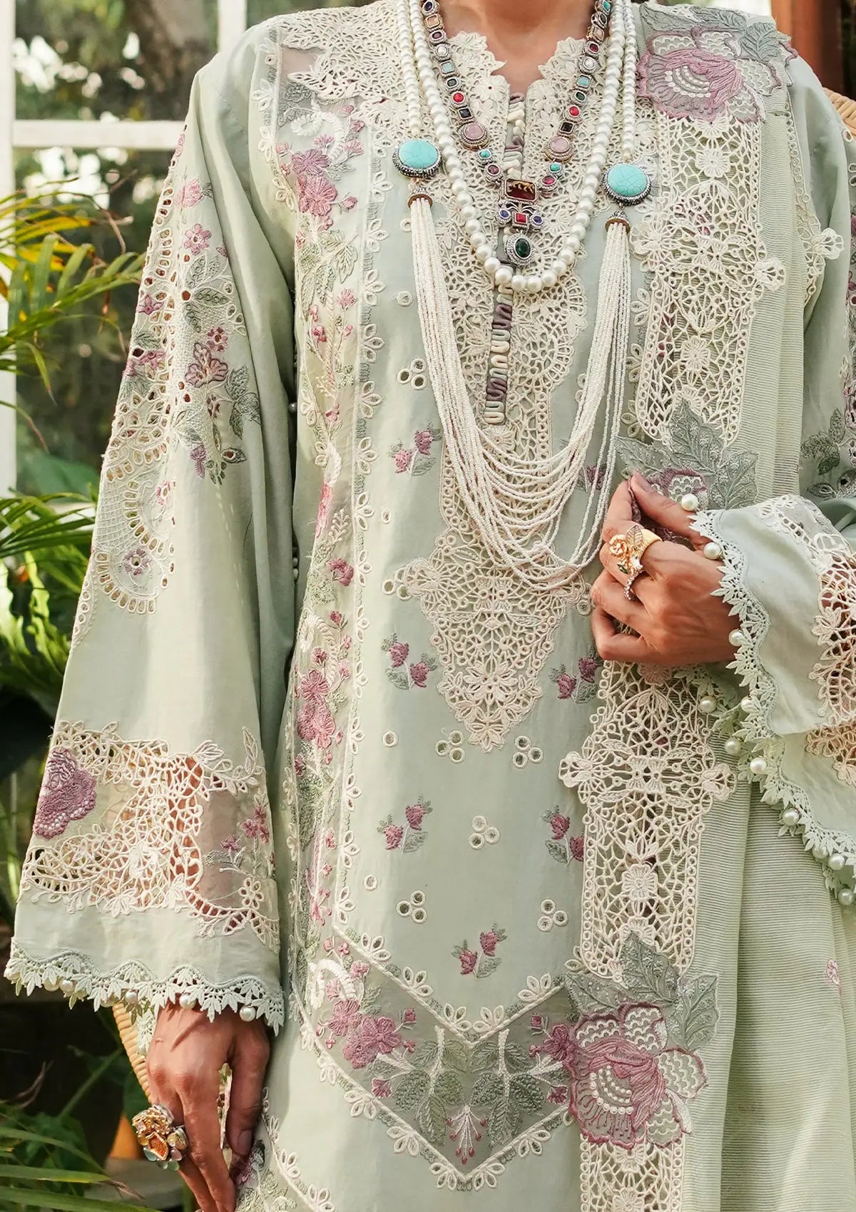 Close up image of Margarita, Embroidered Organza Neckline beautiful LUXURY LAWN 2024 COLLECTION.