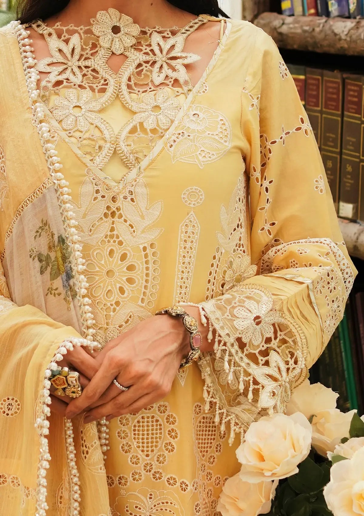 Sun Kissed, CLOSEUP IMAGE OF Embroidered Organza Neckline & Sleeves Border