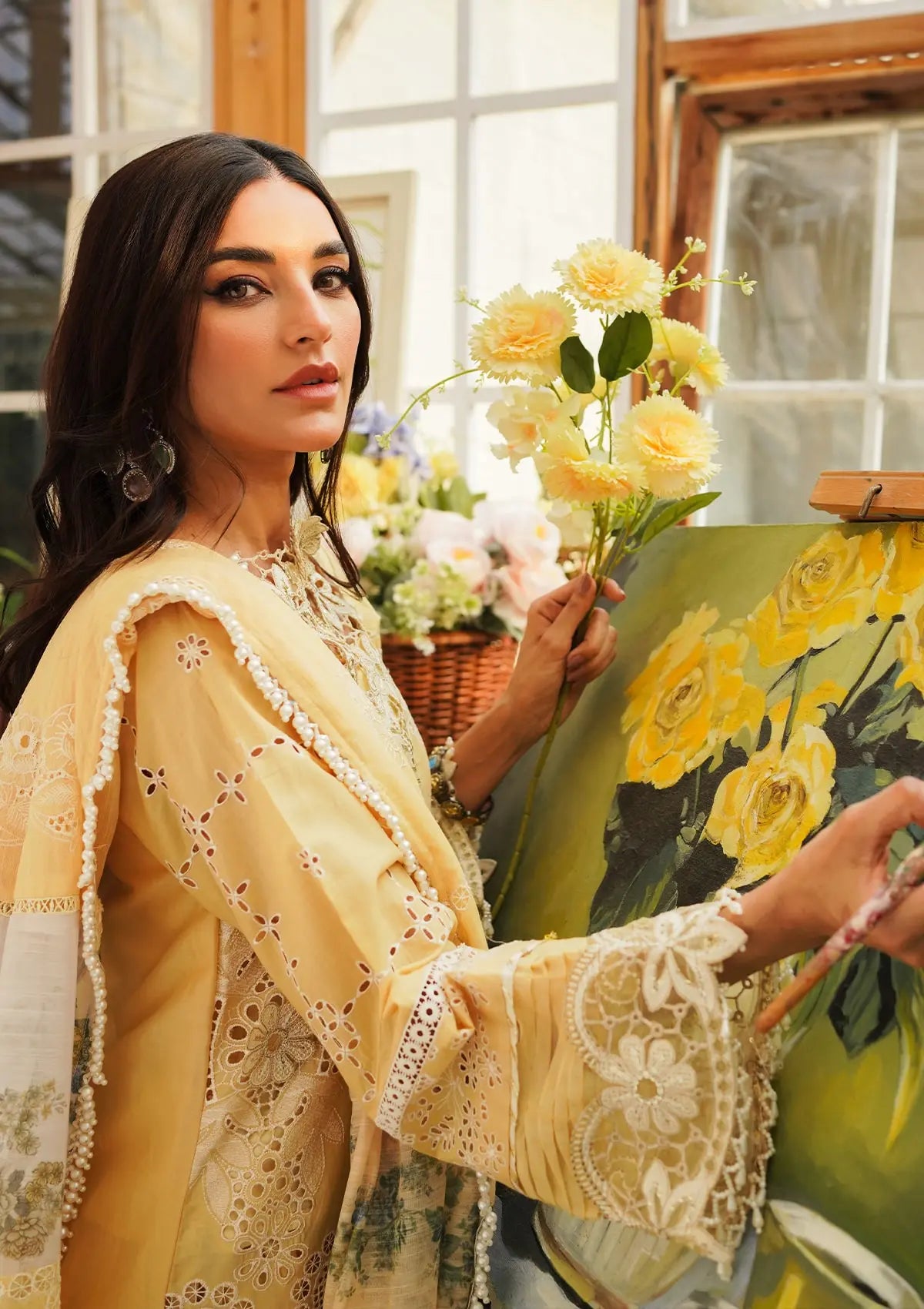Close up image of Embroidered Organza Sleeves Border from KAHF's "LUXURY LAWN" 2024 Collection.