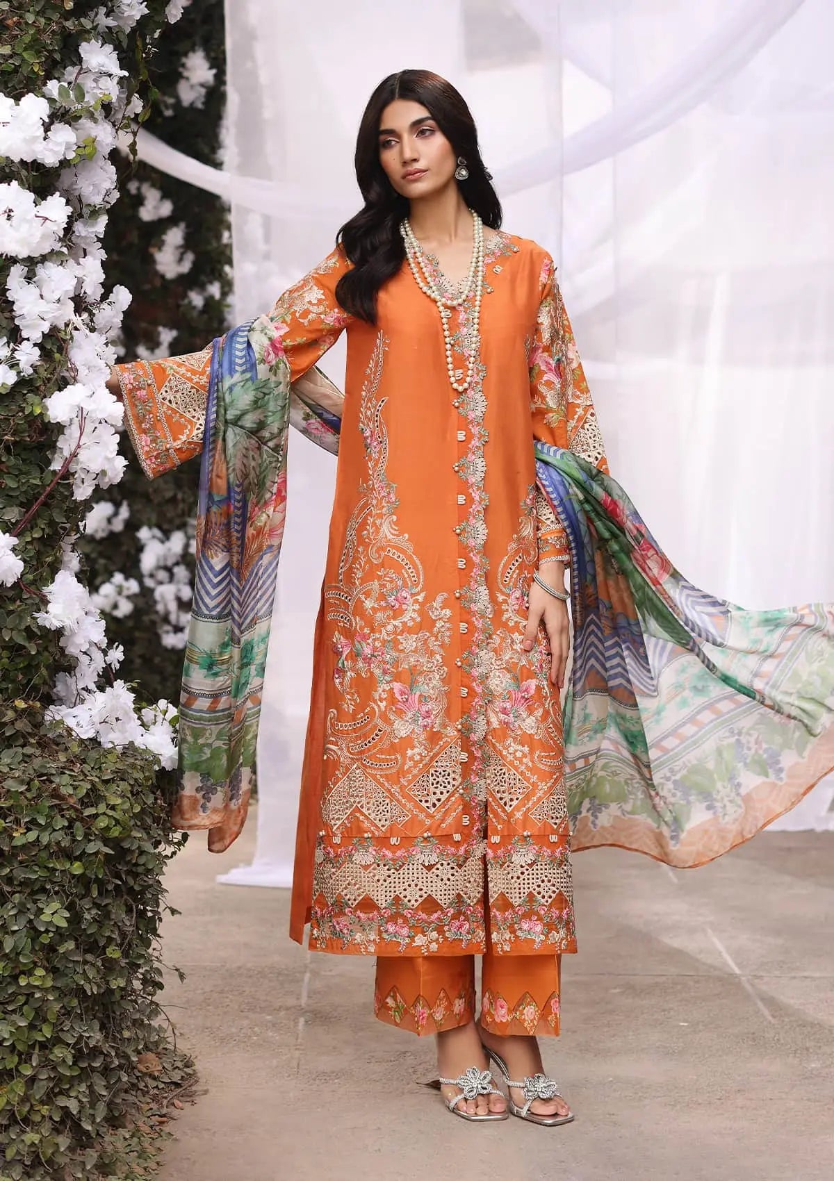 MAYA Embroidered Lawn shirt and Digital Printed Tissue Silk Dupatta from KAHF's Festive Lawn Collection 2024.