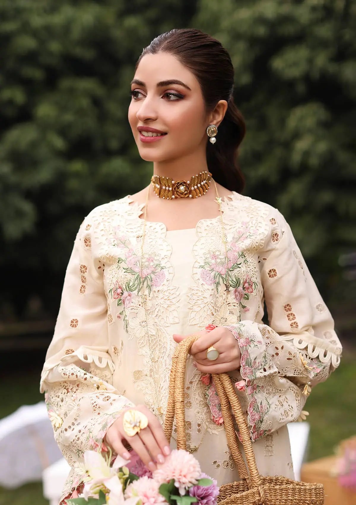 close up image of Embroidered Organza Neckline.