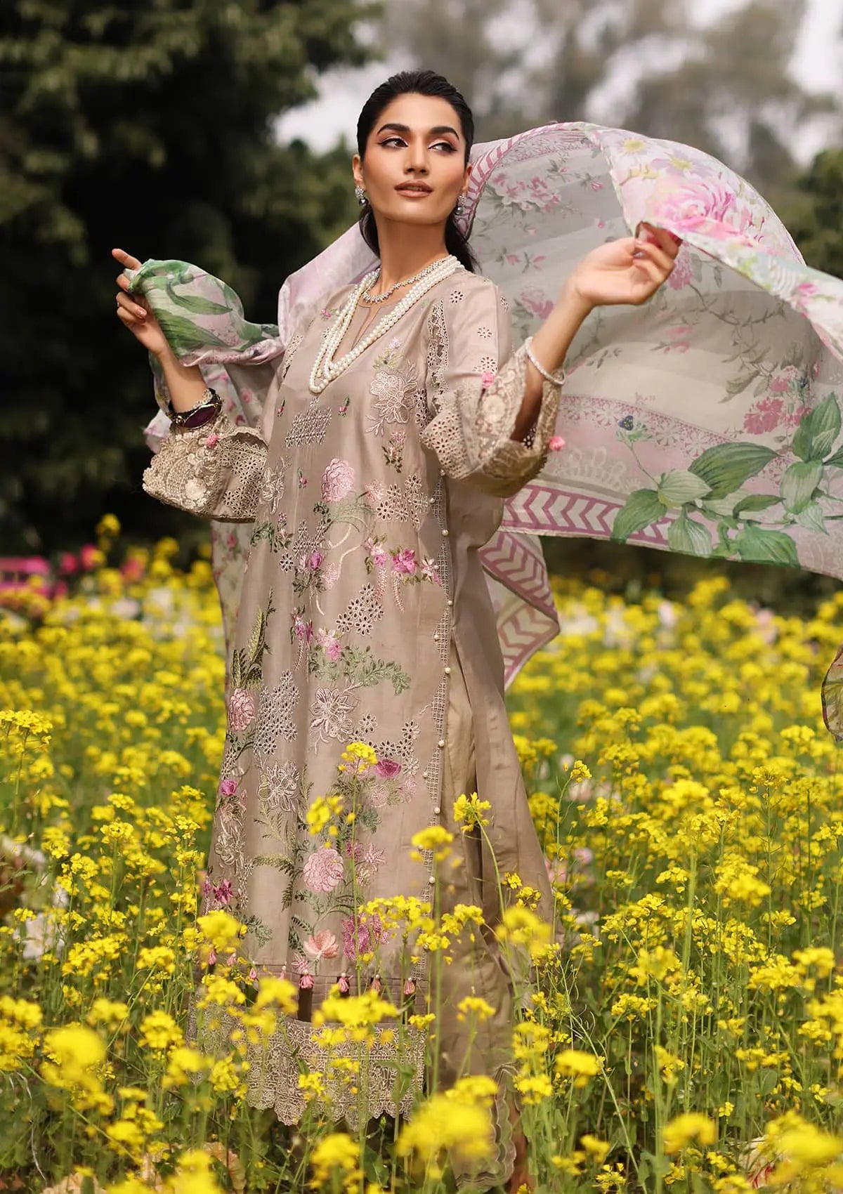 Digital Printed Tissue Silk Dupatta from KAHF's Festive Lawn collection 2024.