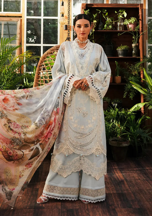 Heaven Embroidered Lawn Laser Cut Front Center and Digital Printed Pure Tissue Silk Dupatta
from KAHF's LUXURY LAWN Collection 2024.