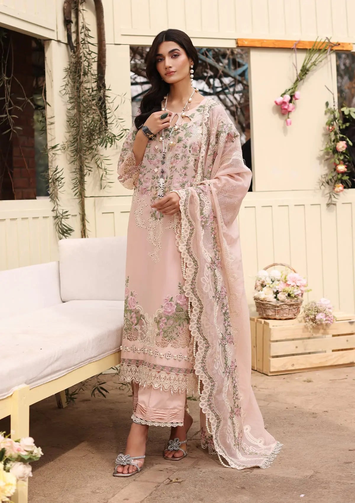NORA Embroidered Lawn Front Panel and Embroidered Cotton Net Dupatta from from KAHF's Festive Lawn Collection 2024.