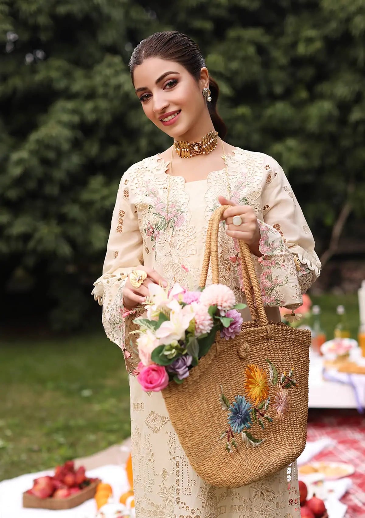 Another front image of beautifull SHIREEN from KAHF's "Festive lawn" 2024 Collection.