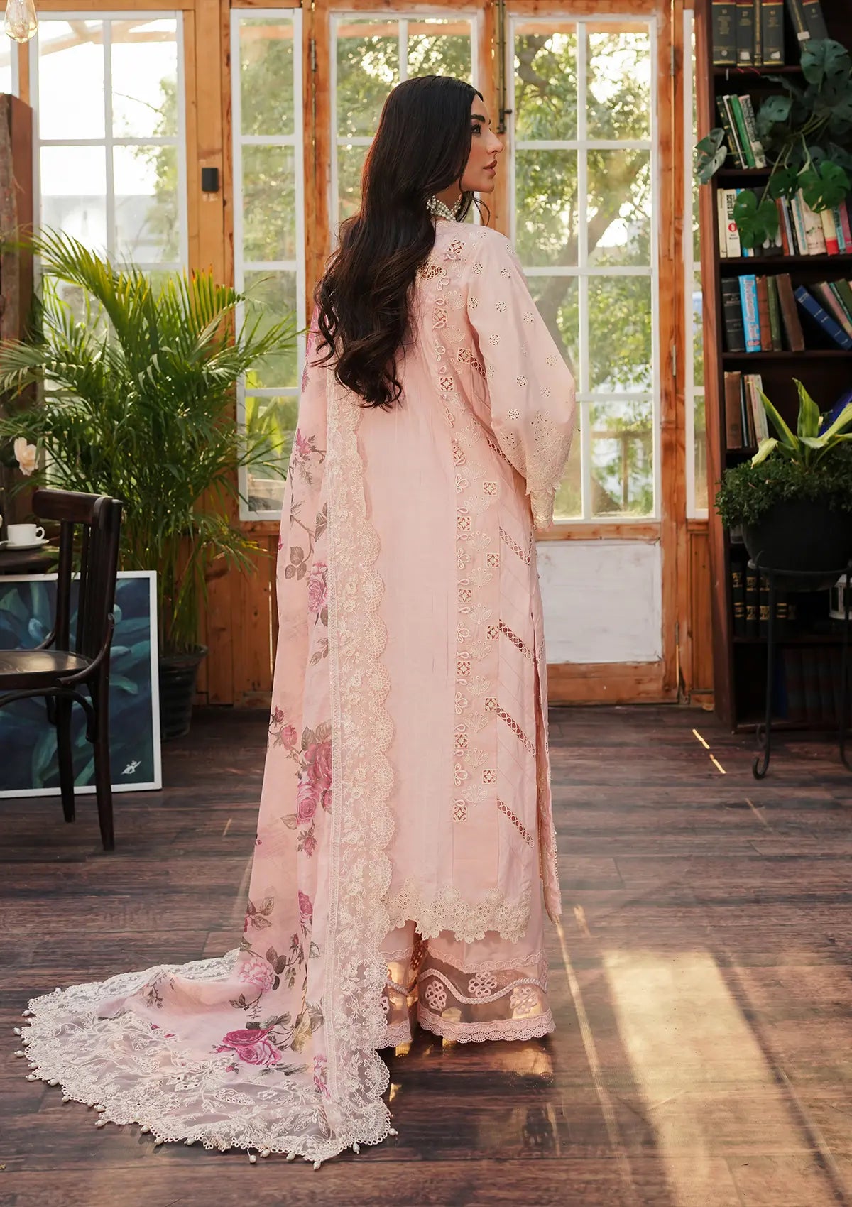 Coralyn wearing this beautiful dress from KAHF's "LUXURY LAWN" 2024 Collection.