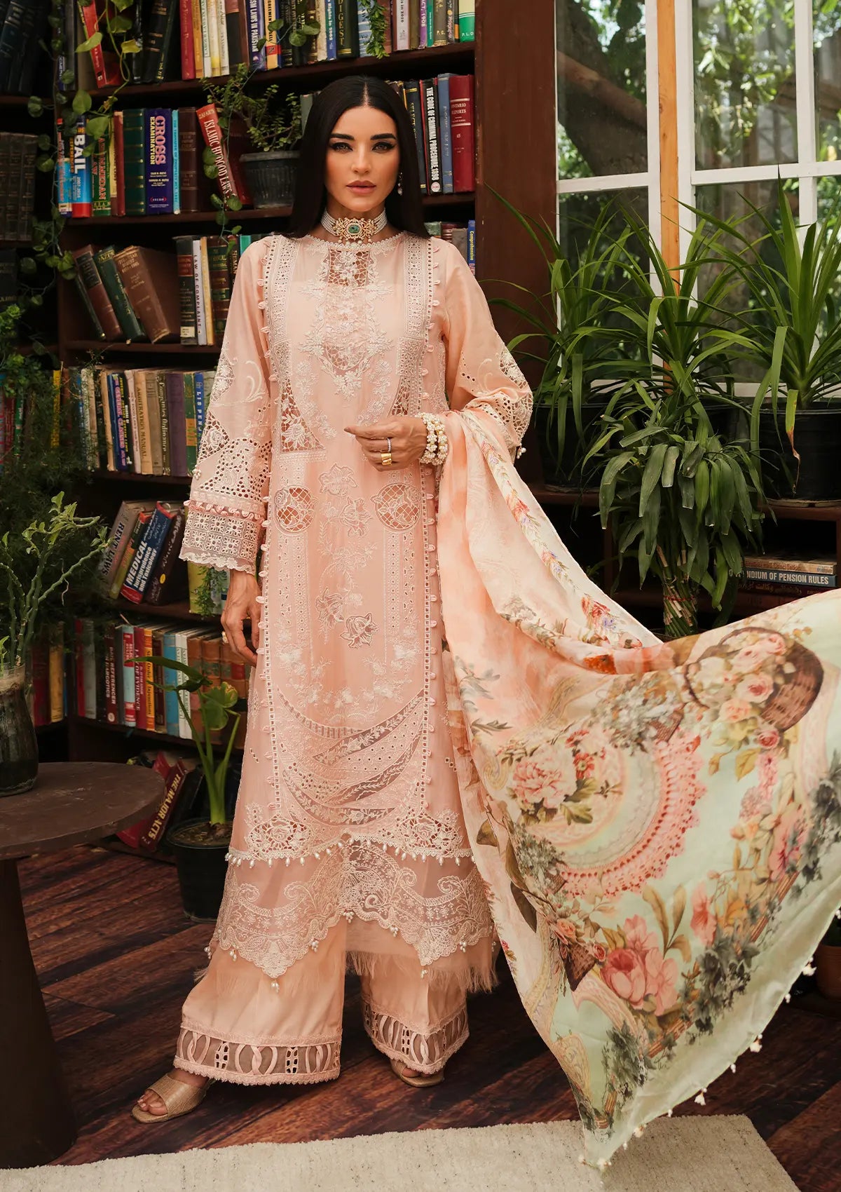 Flamingo Embroidered Lawn Laser Cut Front Center shirt and Digital Printed Pure Tissue Silk Dupatta from KAHF's LUXURY LAWN Collection 2024.