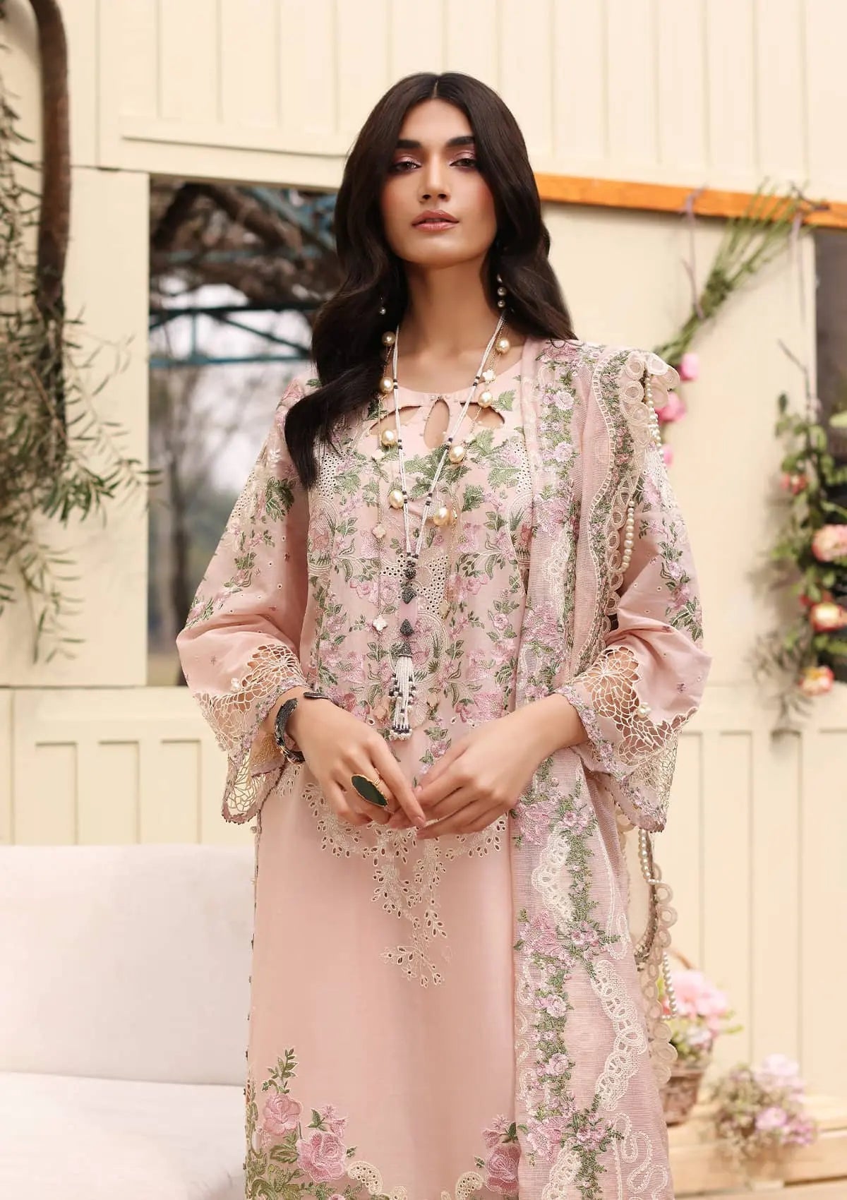Close up image of NORA beautiful Solid Dyed Lawn Front Side Panel from KAHF's "Festive Lawn" 2024 Collection.
