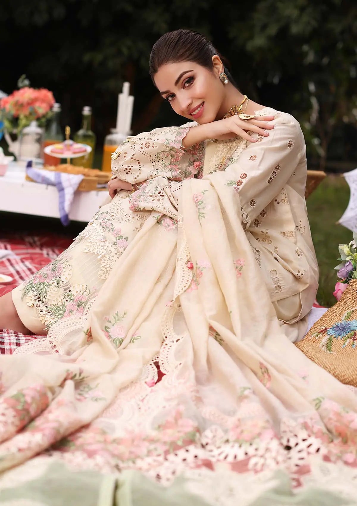 Embroidered Cotton Net Patched Dupatta from KAHF's "Festive Lawn" 2024 Collection.