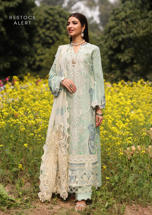 TABIR Embroidered Lawn Front Panel and Digital Printed & Embroidered Cotton Net Patched Dupatta from from KAHF's Festive Lawn Collection 2024.