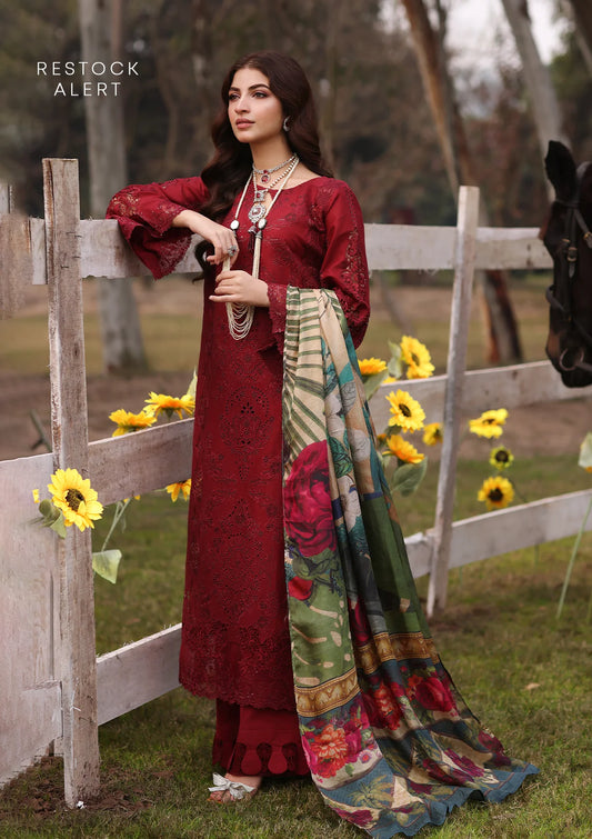 ALORA Schiffli & Multihead Patched Lawn Front and Digital Printed Tissue Silk Dupatta from KAHF's Festive Lawn Collection 2024.