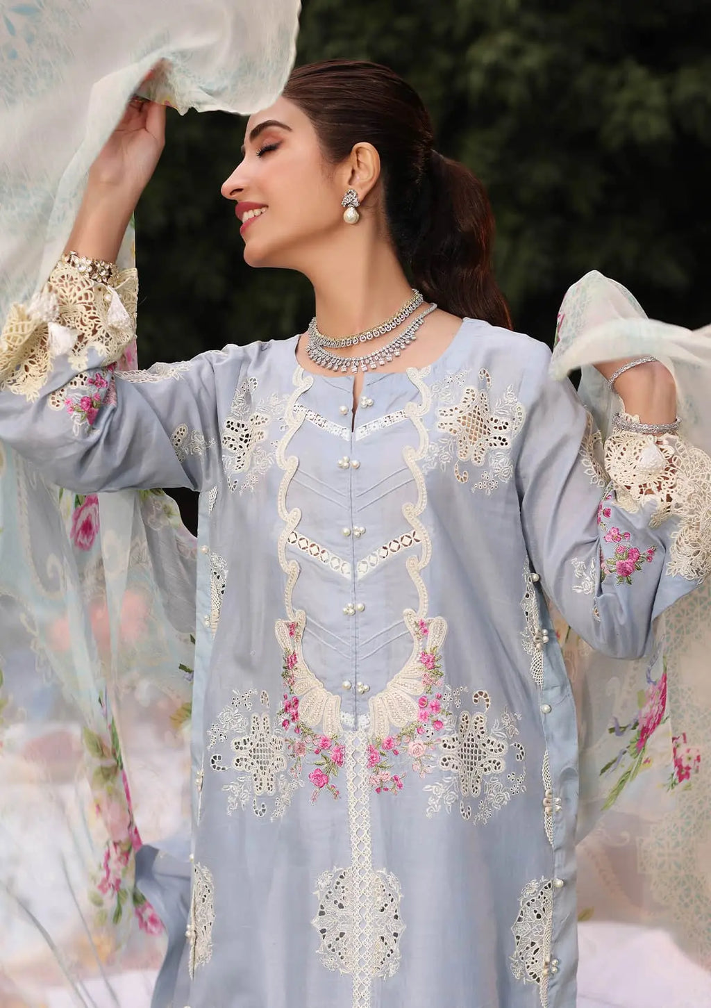 Close up image of FIRUZE beautiful Embroidered Organza Neckline from  KAHF's "Festive Lawn" 2024 Collection.
