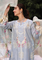 Close up image of FIRUZE beautiful Embroidered Organza Neckline from  KAHF's "Festive Lawn" 2024 Collection.