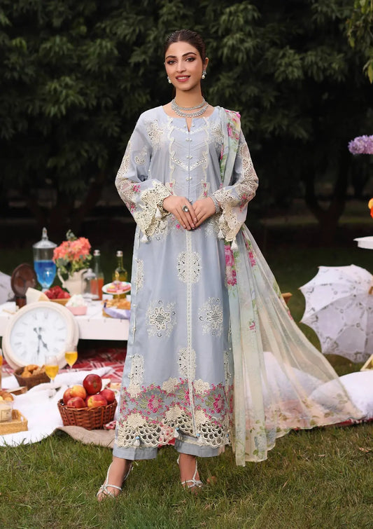 FIRUZE Schiffli Lawn shirt and Digital Printed Chiffon Dupatta from from KAHF's Festive Lawn Collection 2024.