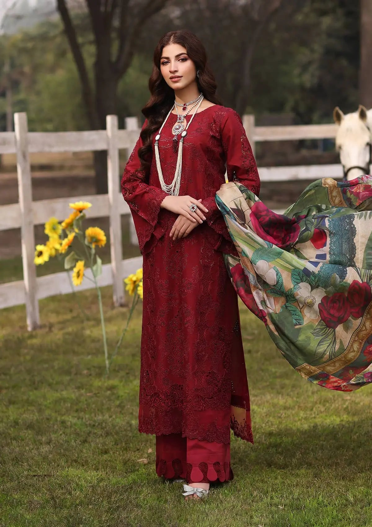 ALORA wearing this beautiful  Digital Printed Tissue Silk Dupatta  from KAHF's Festive Lawn collection 2024.