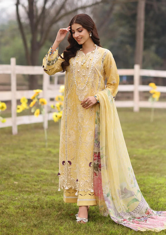 SAHAR Schiffli Lawn shirt and Digital Printed Chiffon Dupatta from KAHF's Festive Lawn Collection 2024.