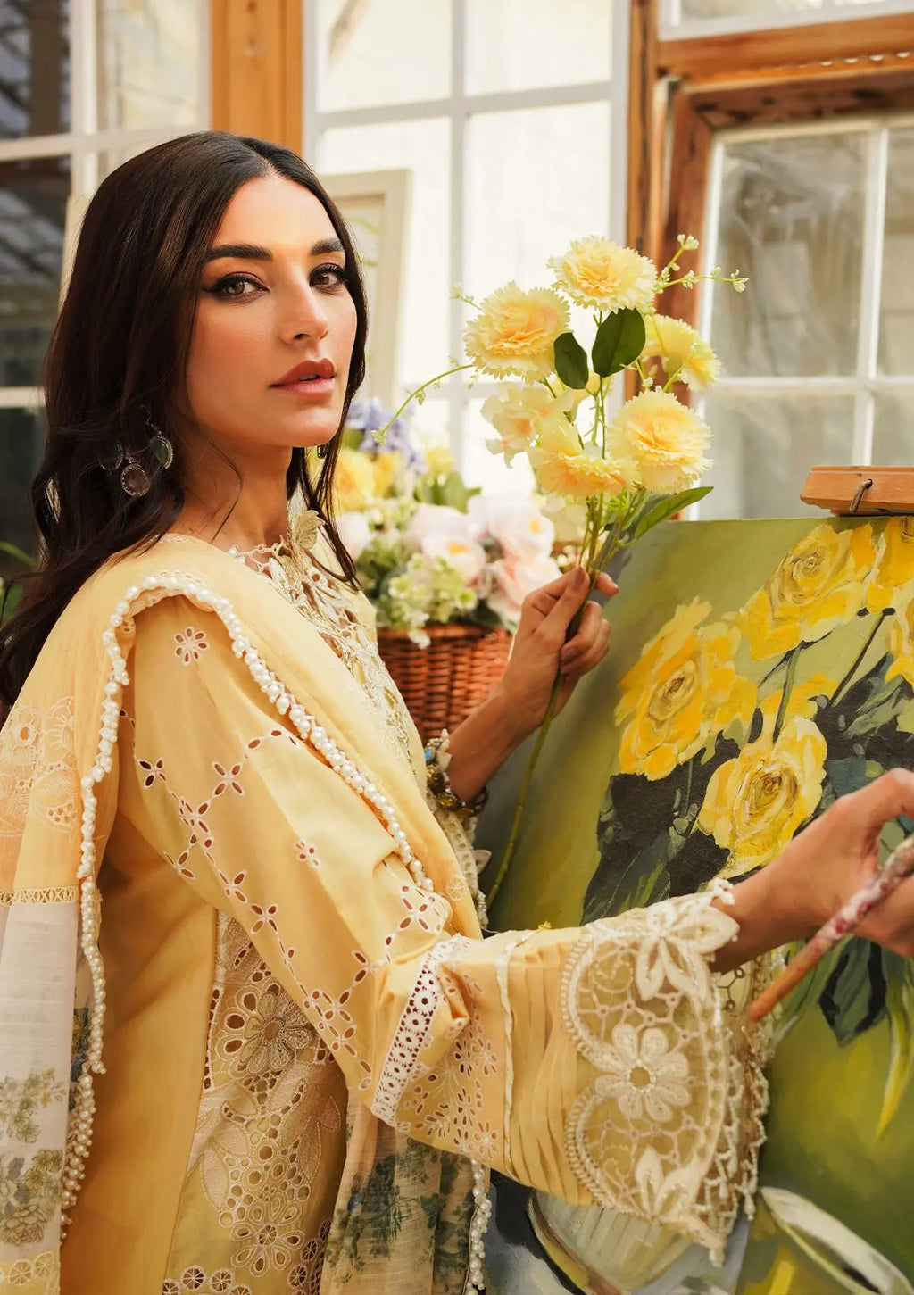 Close up image of Embroidered Organza Sleeves Border from KAHF's "LUXURY LAWN" 2024 Collection.