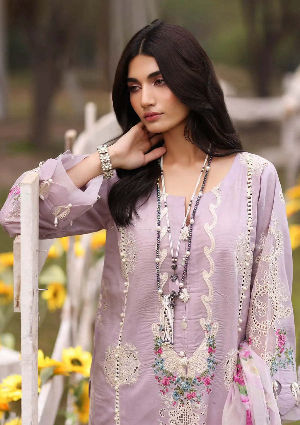 closeup image of ELAYA Embroidered Organza Neckline from KAHF's Festive Lawn collection 2024.