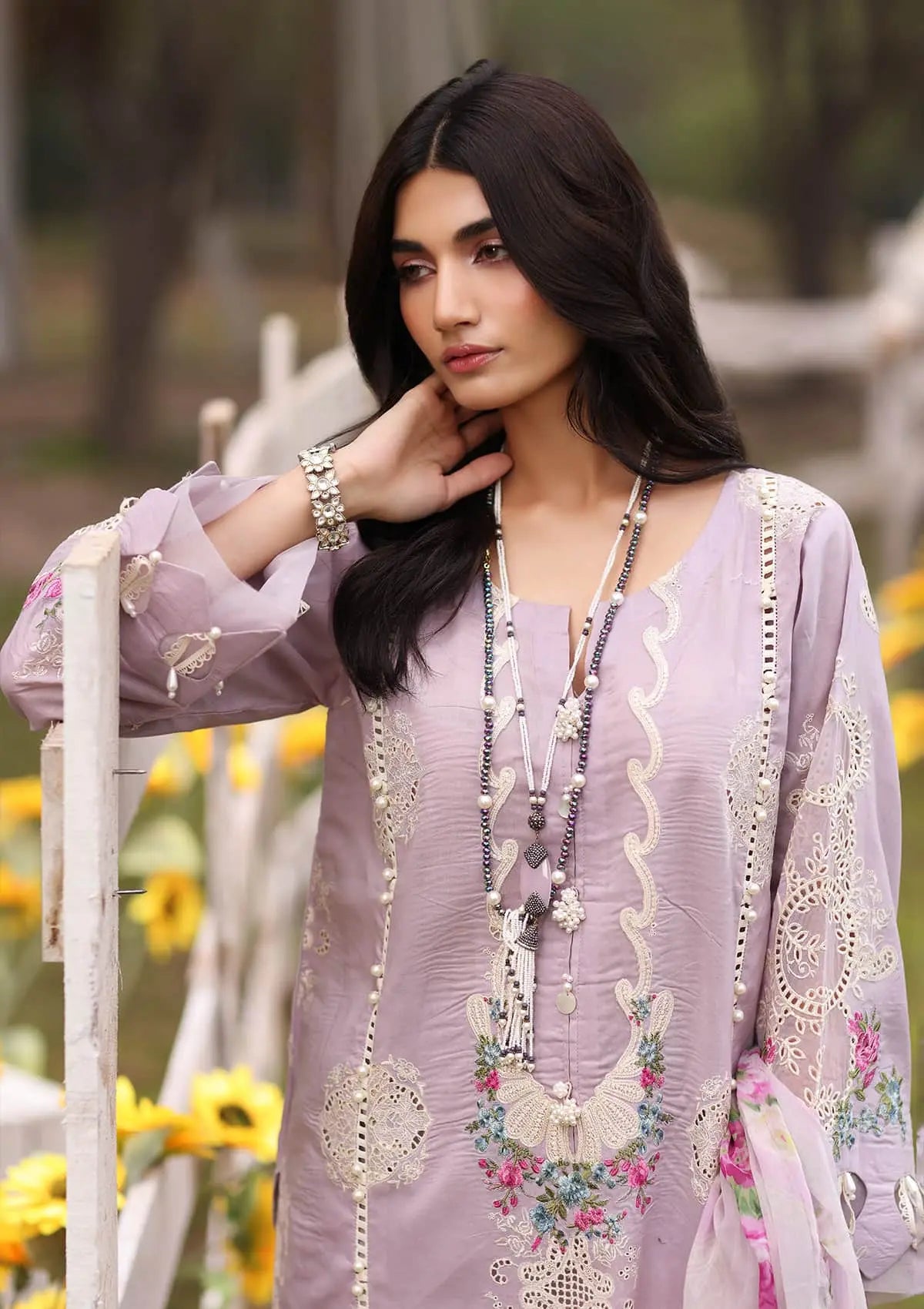 closeup image of ELAYA Embroidered Organza Neckline from KAHF's Festive Lawn collection 2024.