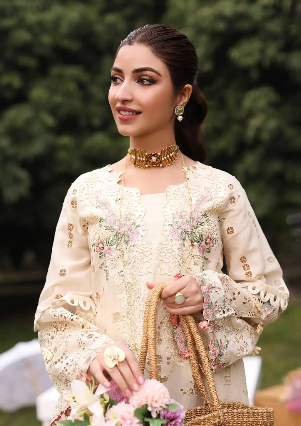 close up image of Embroidered Organza Neckline.