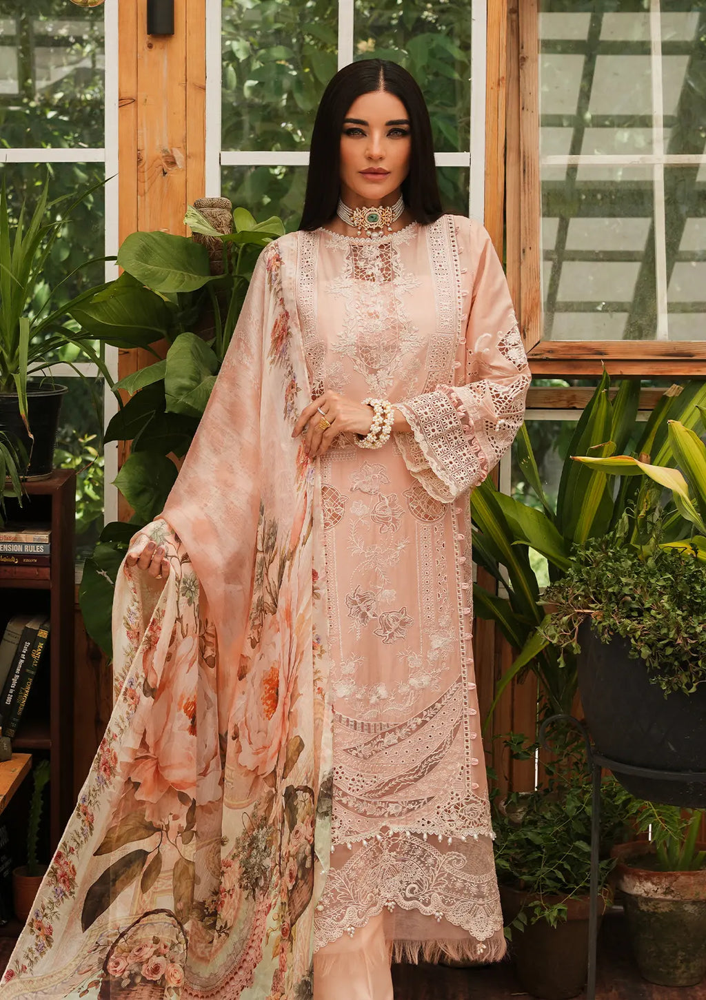 Elegent dress Flamingo from KAHF's"LUXURY LAWN" 2024 Collection.