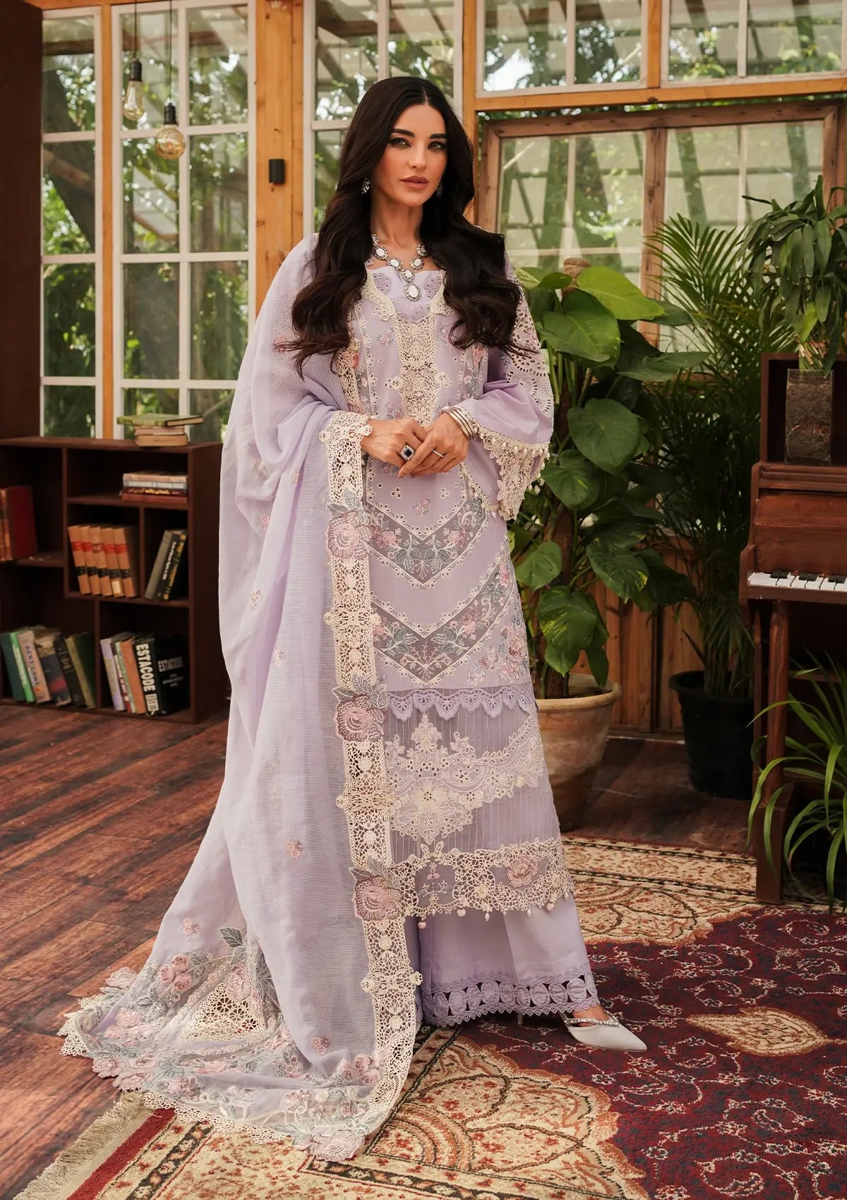 Lilac Embroidered Lawn Laser Cut Front and Embroidered Cotton Net Dupatta from KAHF's LUXURY LAWN Collection 2024.