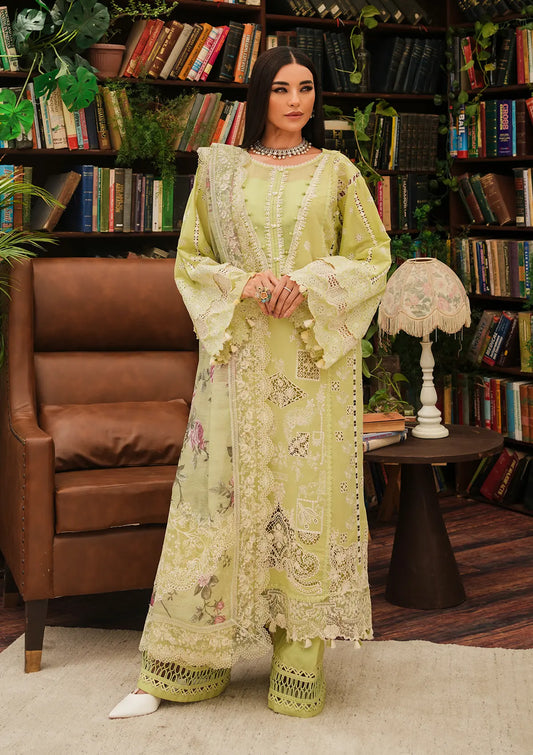 Ambrosia Embroidered Lawn Laser Cut Front shirt and Sublimation Printed Monark Dupatta from KAHF's LUXURY LAWN Collection 2024.
