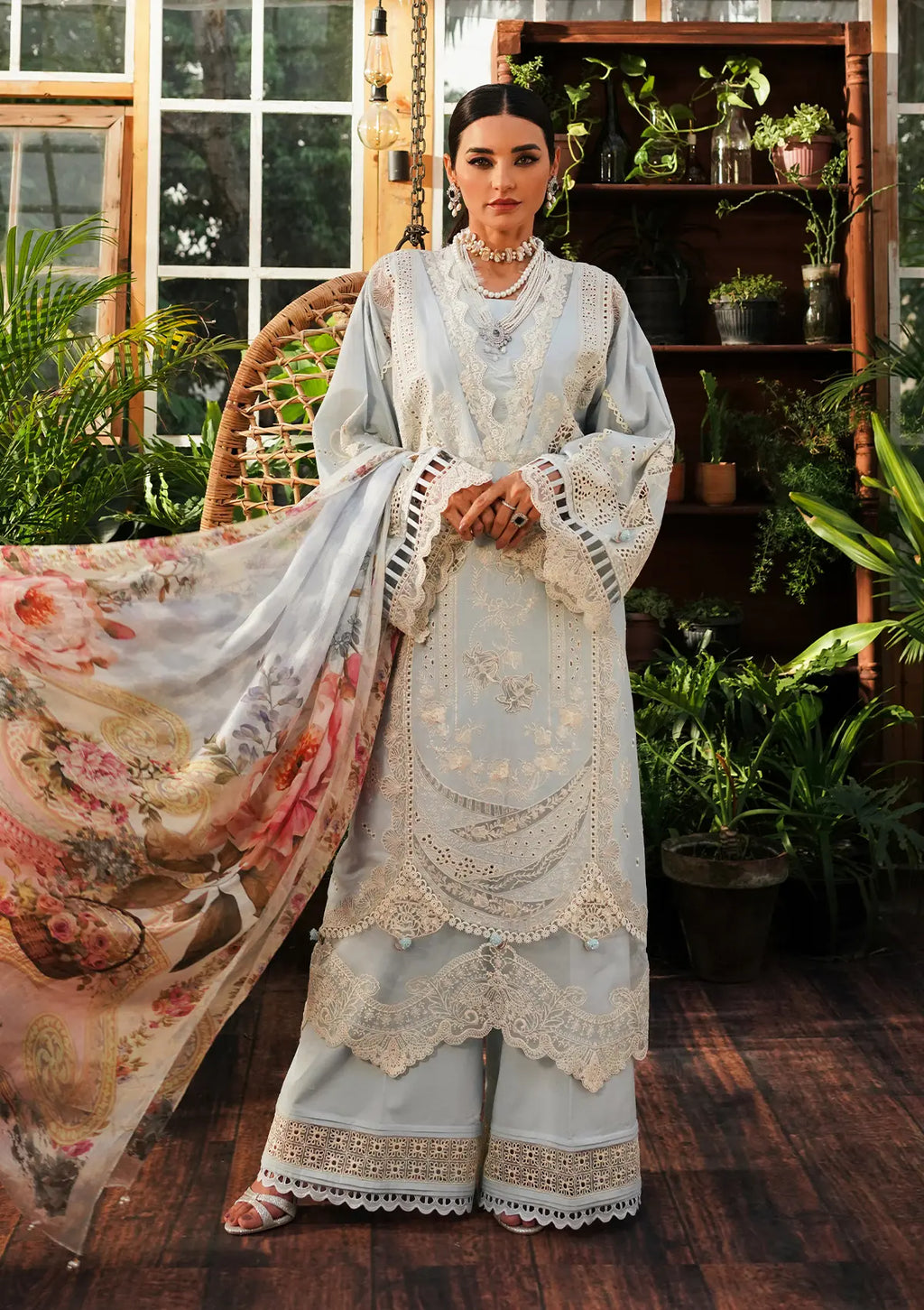 Heaven Embroidered Lawn Laser Cut Front Center and Digital Printed Pure Tissue Silk Dupatta
from KAHF's LUXURY LAWN Collection 2024.