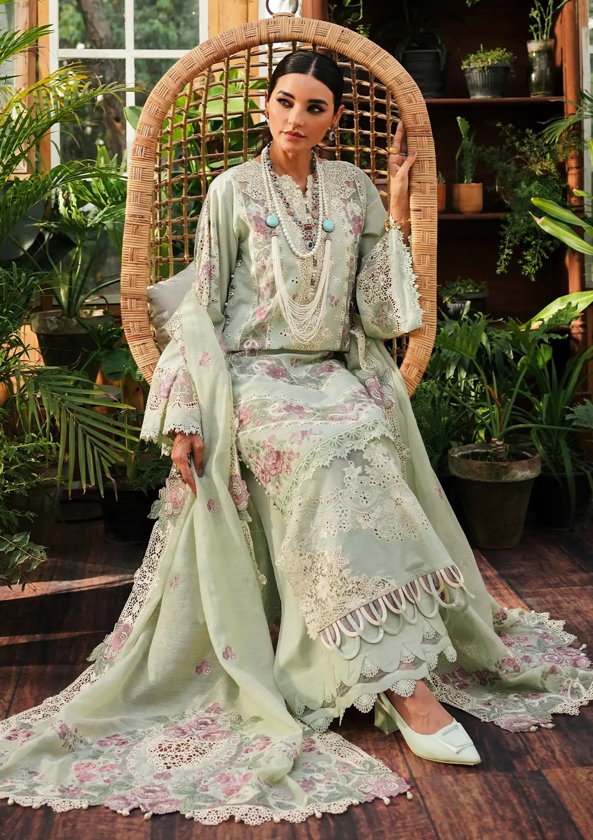 knee length dresses for ladies MAHNUR LUXURY WHITE LAWN DRESS main image 1