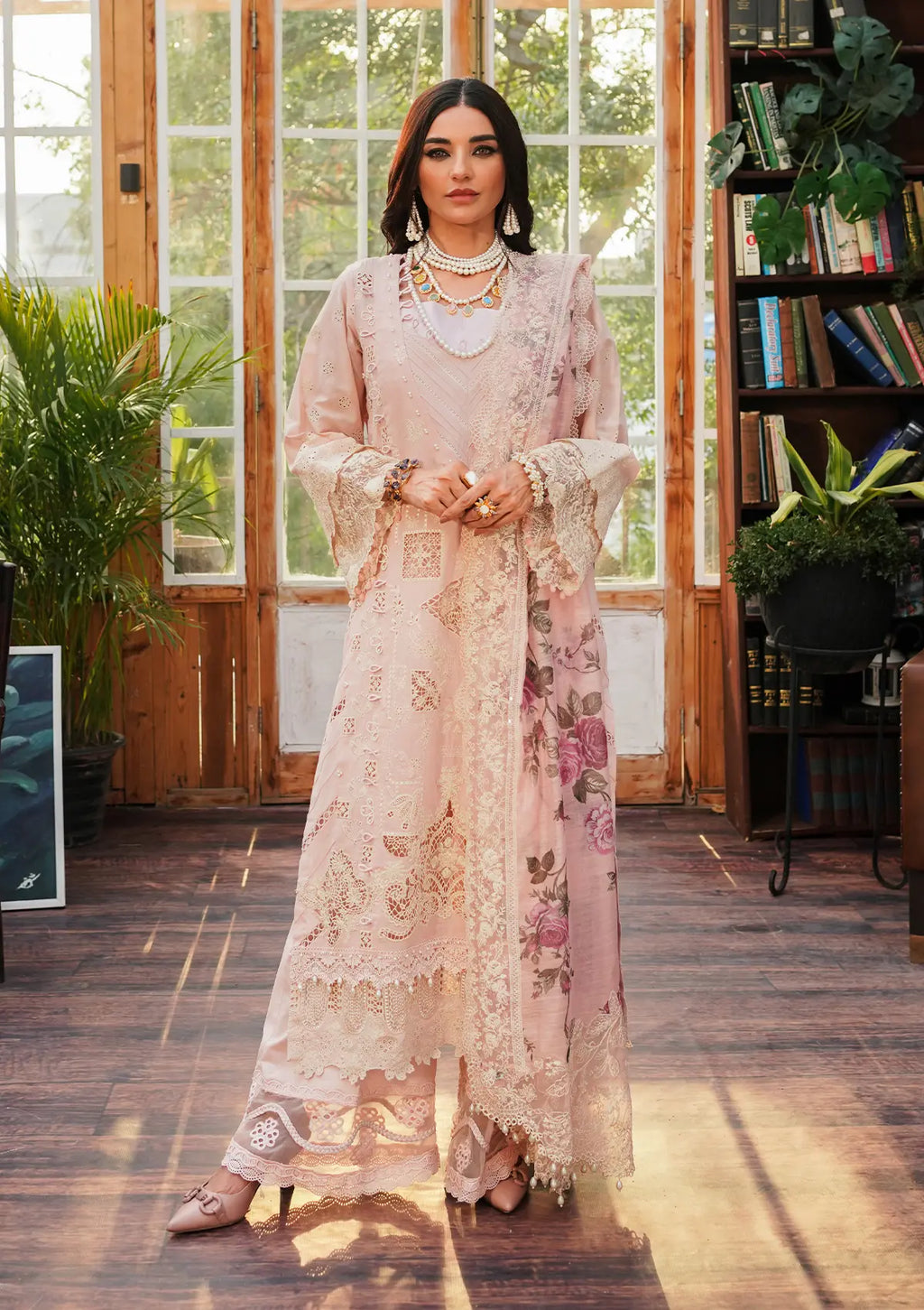 Coralyn Embroidered Lawn Laser Cut Front Central Panel and Sublimation Printed Monark Dupatta from KAHF's LUXURY LAWN Collection 2024.